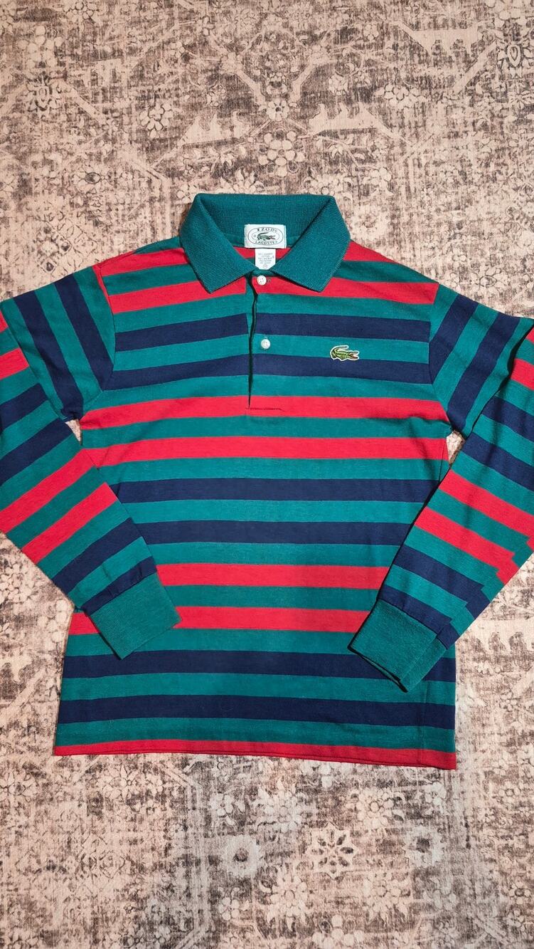 Vintage 80s IZOD Lacoste Polo Boys 14 Striped Long Sleeve USA Made Preppy Croc